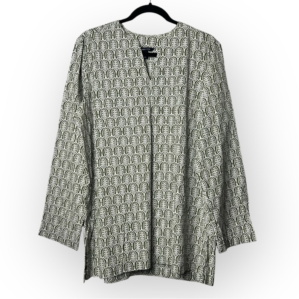 Lands' End Green and White Patterned Long Sleeve Cotton Blouse